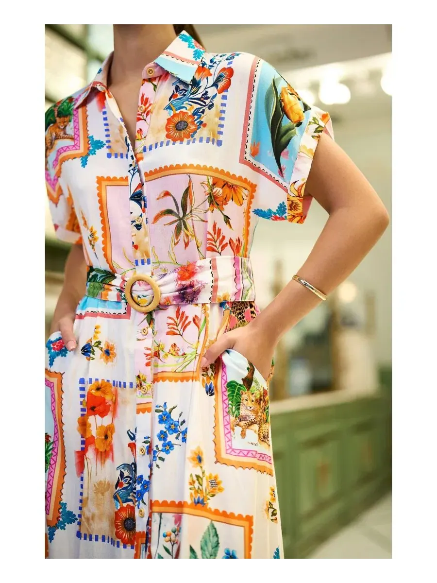 Платье-рубашка миди с поясом Tropical Postcard Print Yumi — изображение 7 из 8, белый