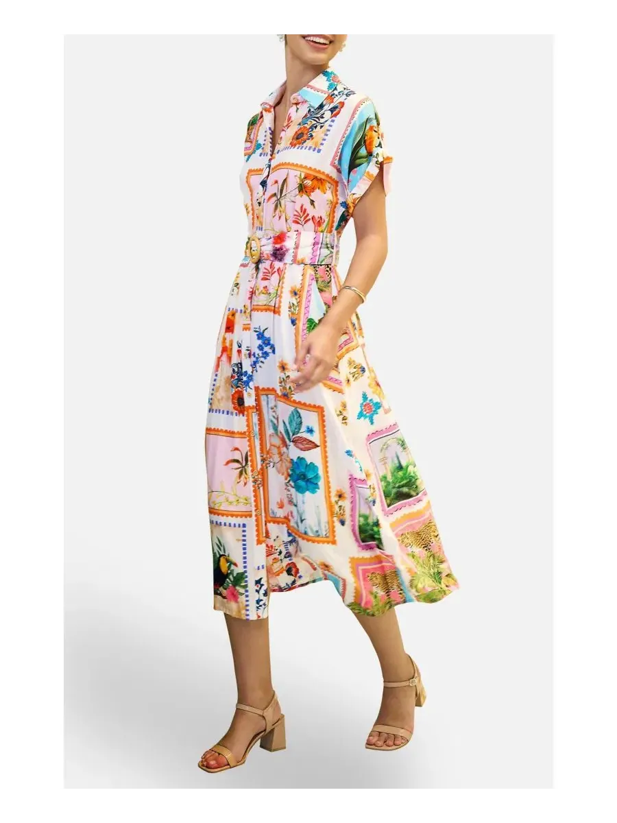 Платье-рубашка миди с поясом Tropical Postcard Print Yumi — изображение 8 из 8, белый