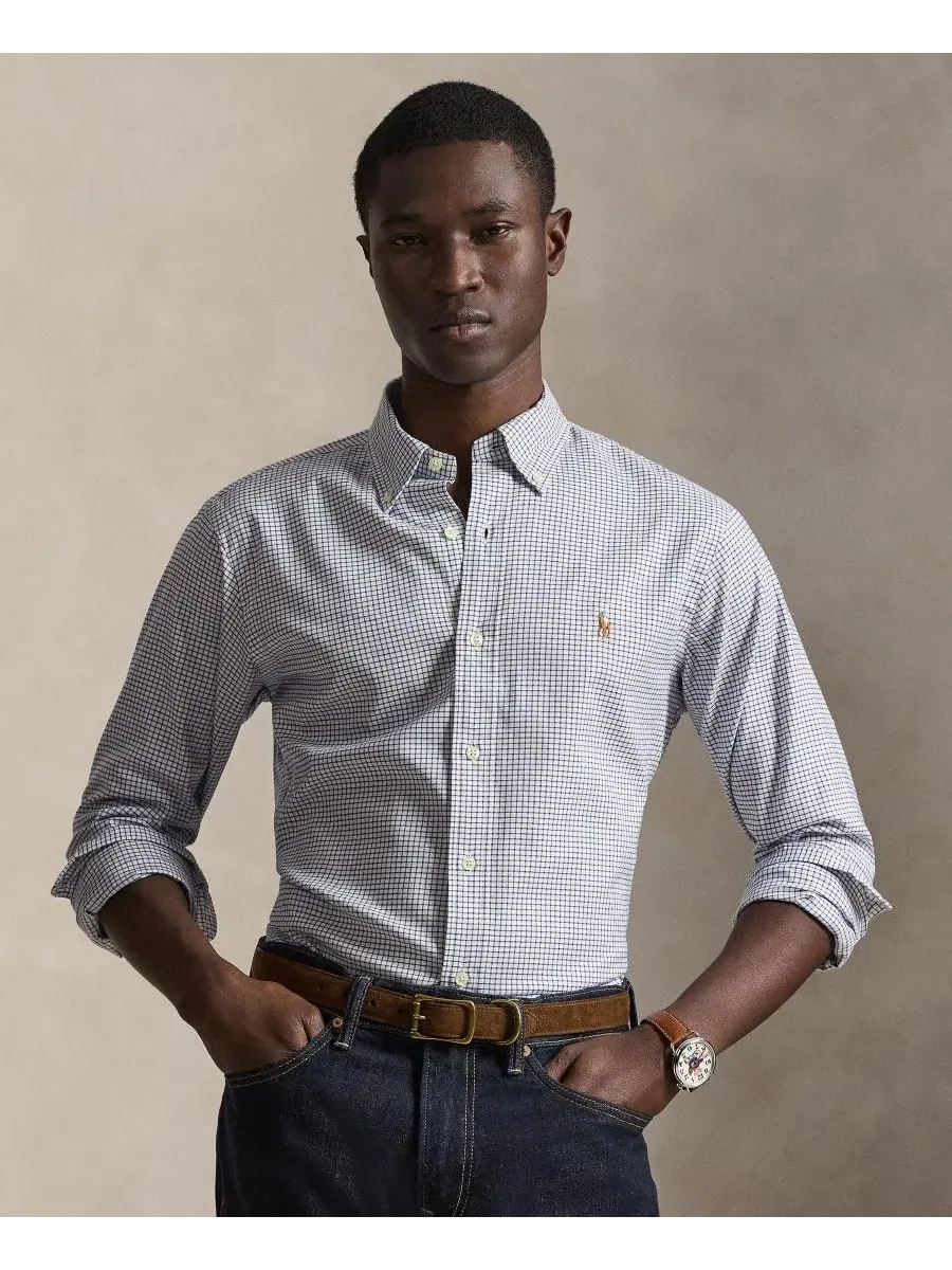 Мужская рубашка с длинным рукавом и принтом в полоску Polo Ralph Lauren — изображение 1 из 6, белый/темно-синий