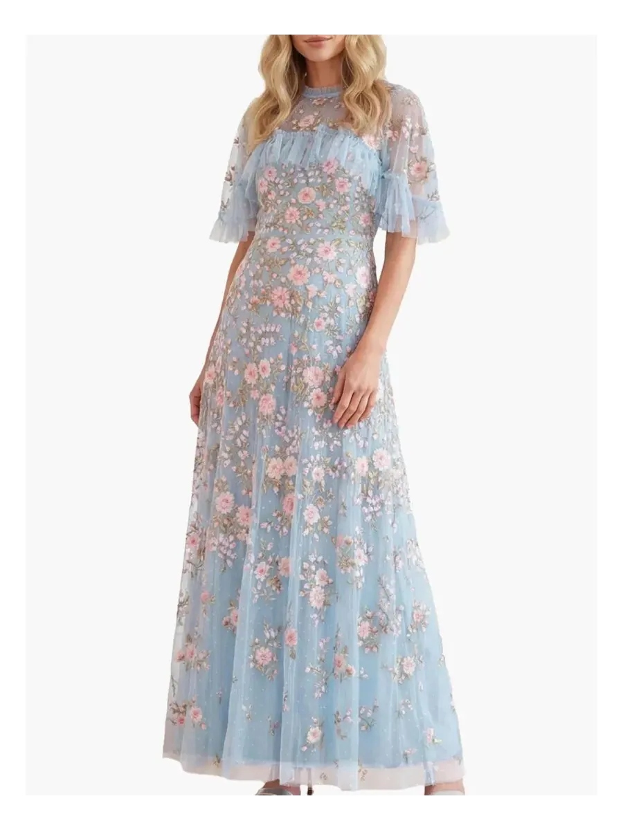 Платье-макси с накидкой Eden Rose Cape Ankle Gown Needle & Thread — изображение 1 из 5, голубой/мульти