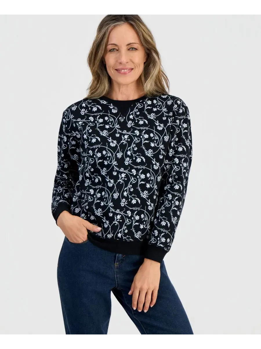 Свитшот женский с флисом и принтом Petite Floral Crewneck Fleece Sweatshirt Style & Co — изображение 1 из 4, глубокий черный