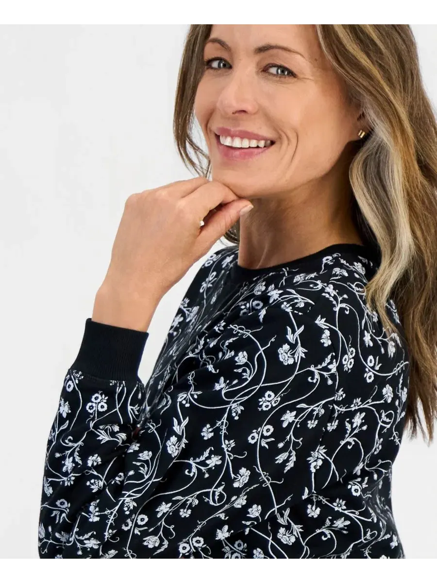 Свитшот женский с флисом и принтом Petite Floral Crewneck Fleece Sweatshirt Style & Co — изображение 2 из 4, глубокий черный