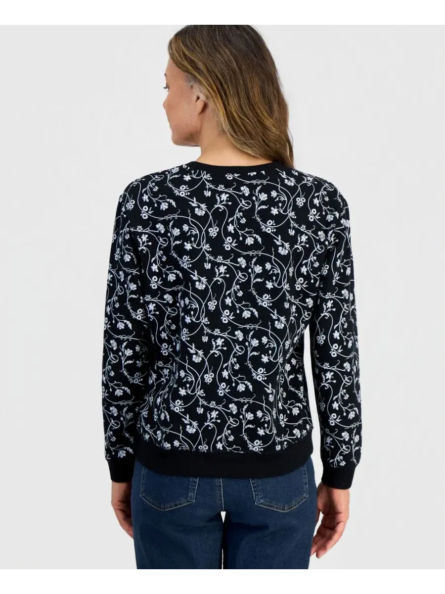 Свитшот женский с флисом и принтом Petite Floral Crewneck Fleece Sweatshirt Style & Co — изображение 3 из 4, глубокий черный
