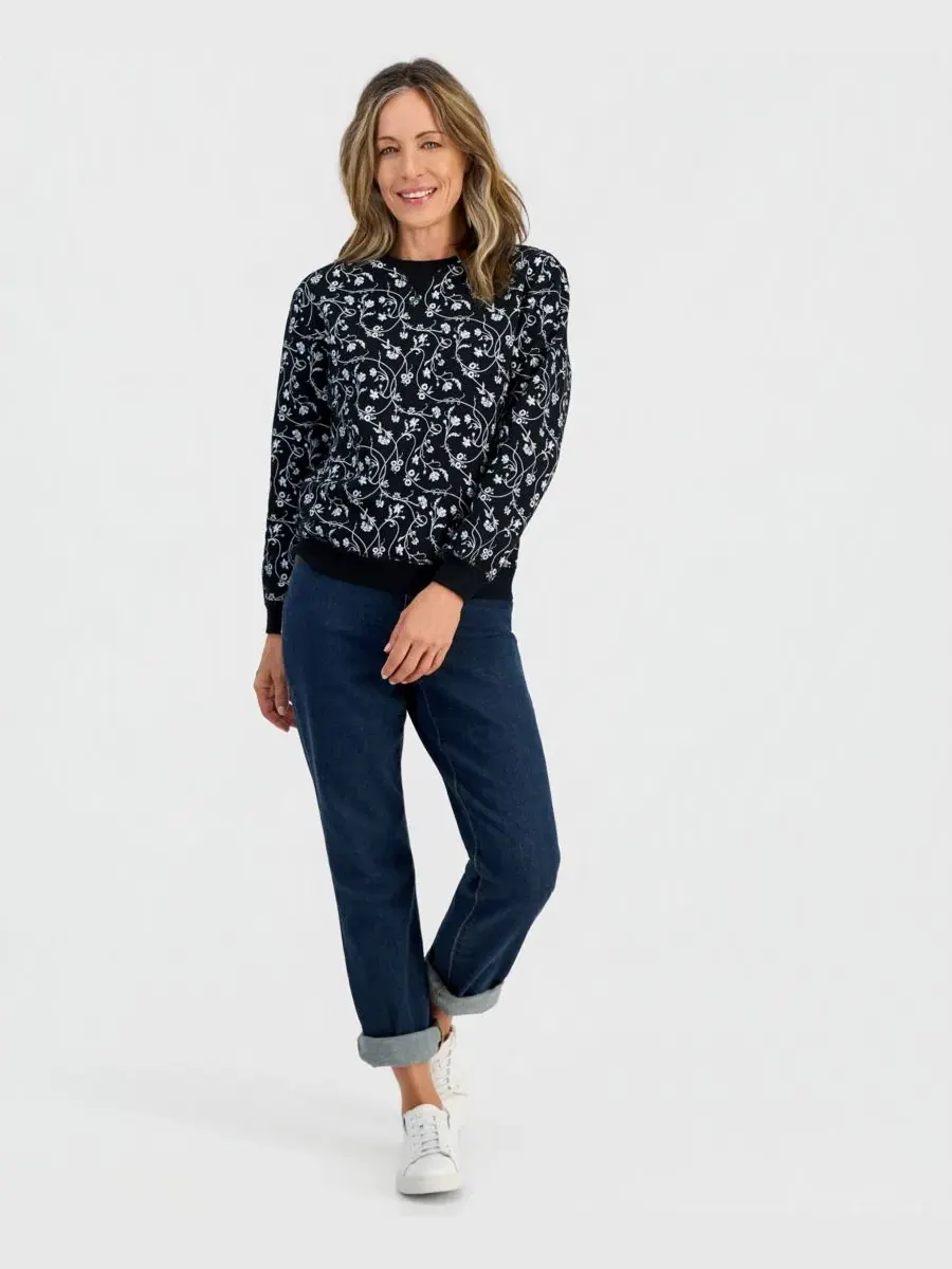 Свитшот женский с флисом и принтом Petite Floral Crewneck Fleece Sweatshirt Style & Co — изображение 4 из 4, глубокий черный