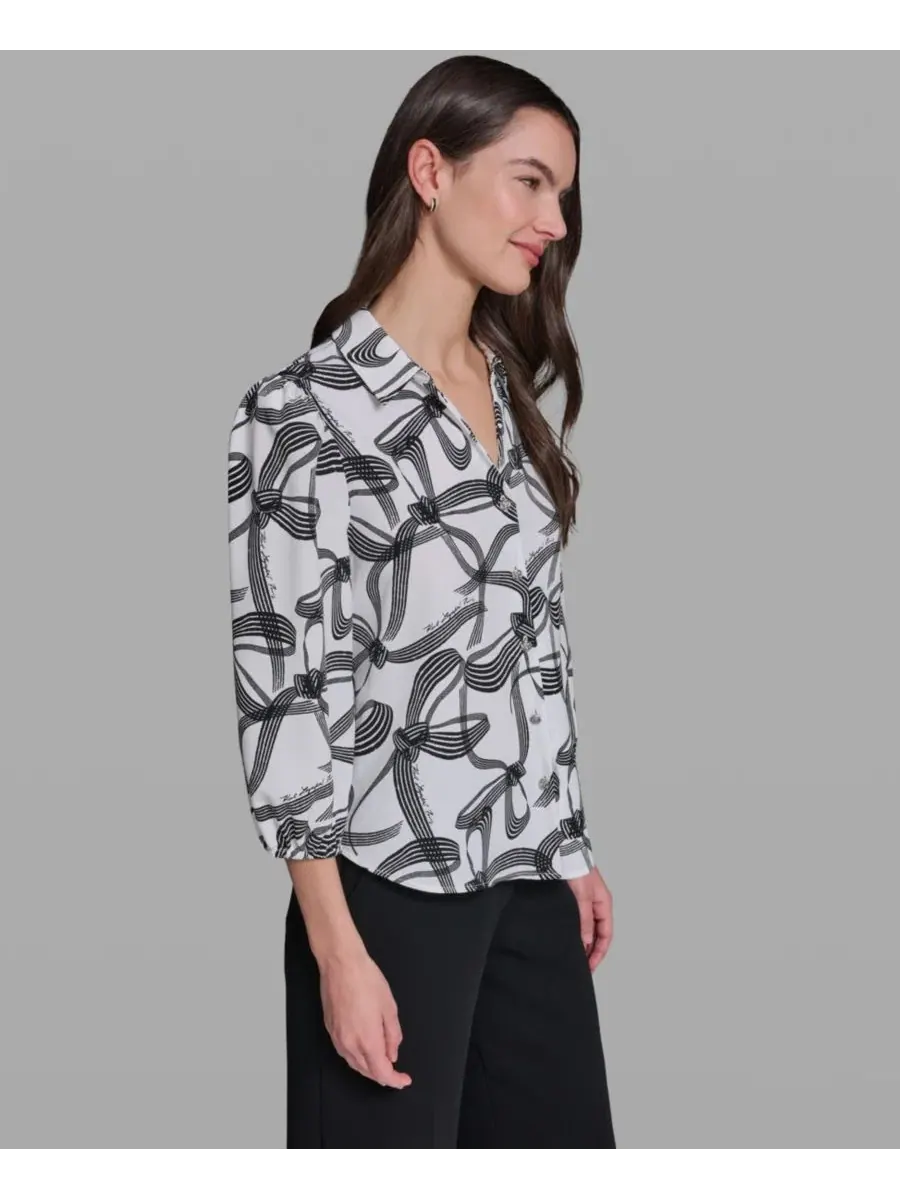 Топ с воротником и принтом Bow Print KARL LAGERFELD PARIS — изображение 3 из 6, белый/черный