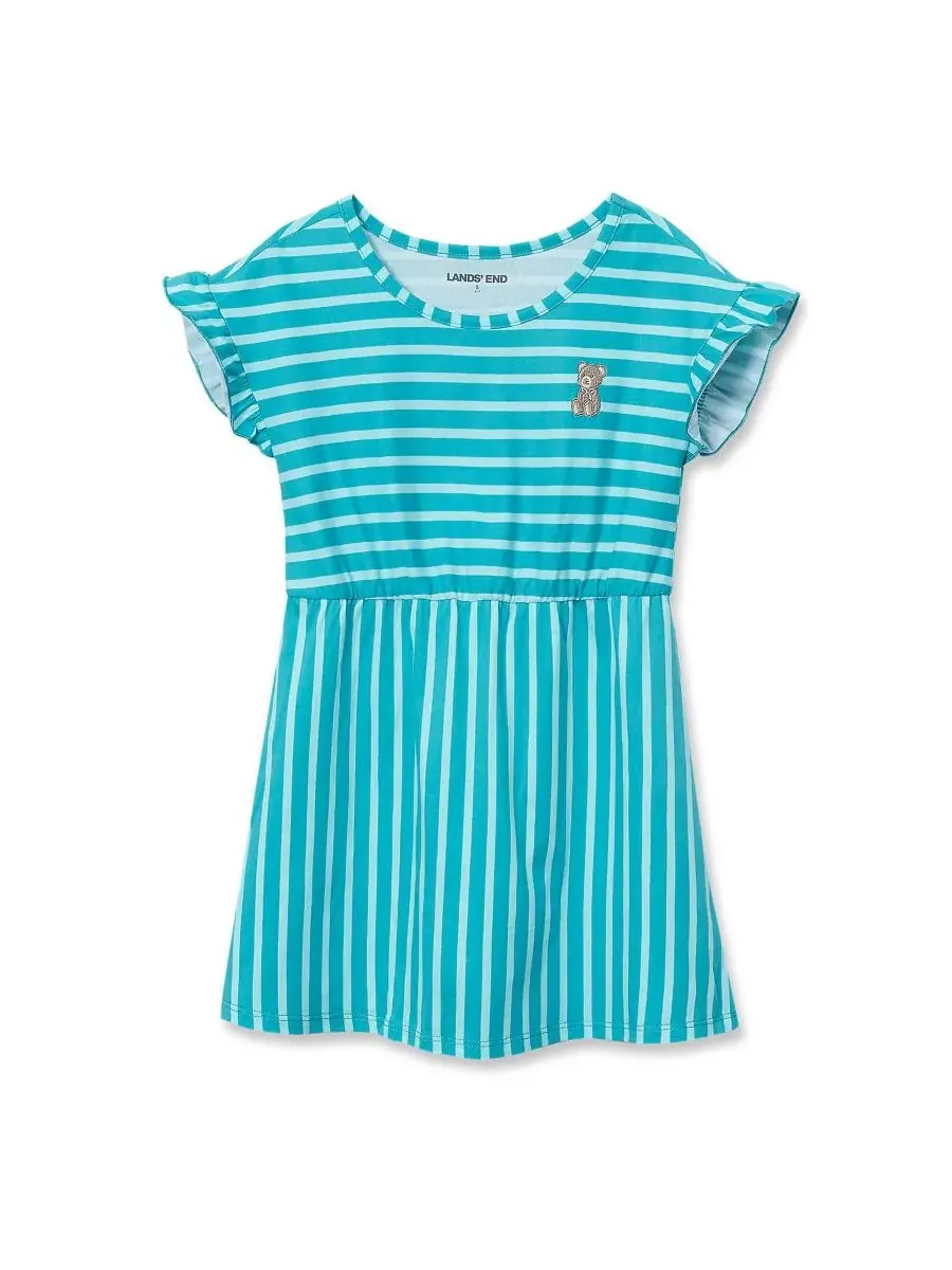 Детская туника с короткими рукавами и присборенной талией Lands' End, Teal Stripe Teddy Bear