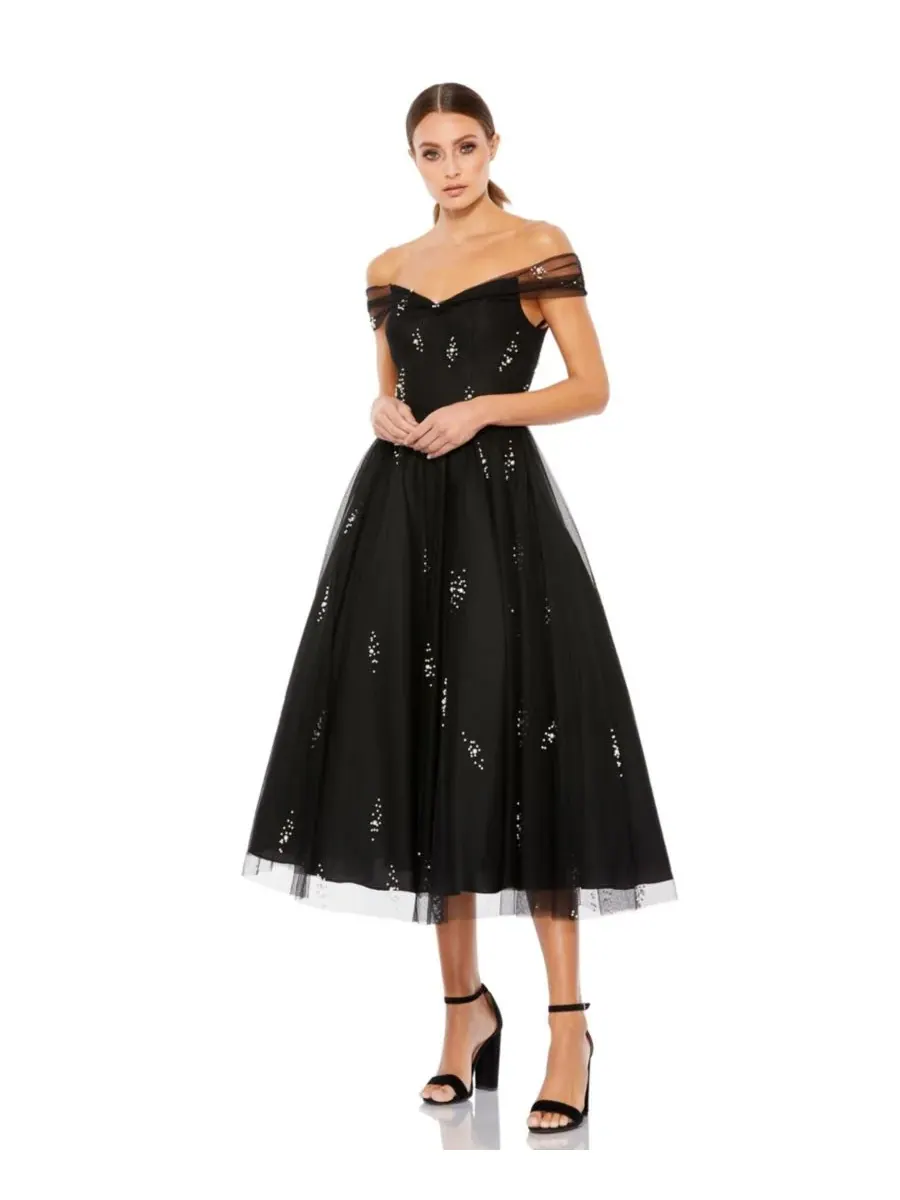 Женское коктейльное платье Petite Ieena с открытыми плечами и вышивкой из тюля Mac Duggal — изображение 1 из 3, черный