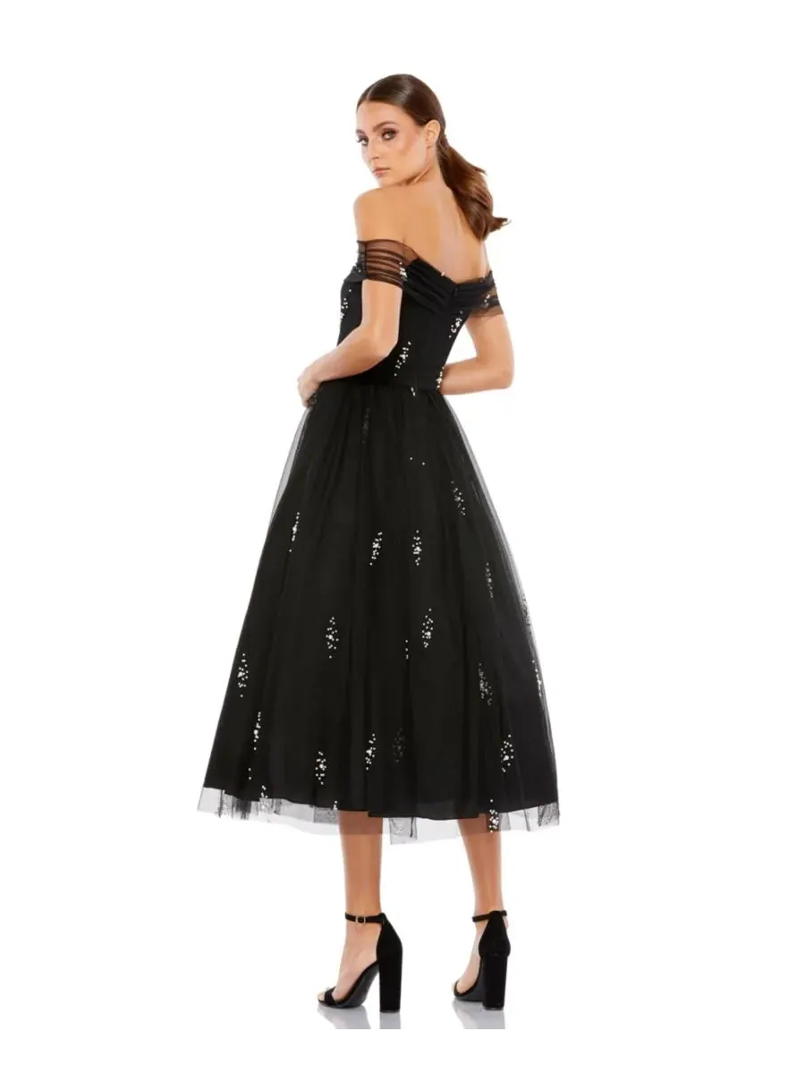 Женское коктейльное платье Petite Ieena с открытыми плечами и вышивкой из тюля Mac Duggal — изображение 2 из 3, черный
