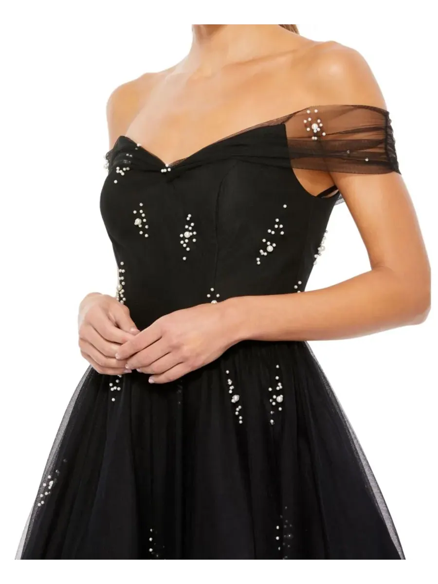 Женское коктейльное платье Petite Ieena с открытыми плечами и вышивкой из тюля Mac Duggal — изображение 3 из 3, черный