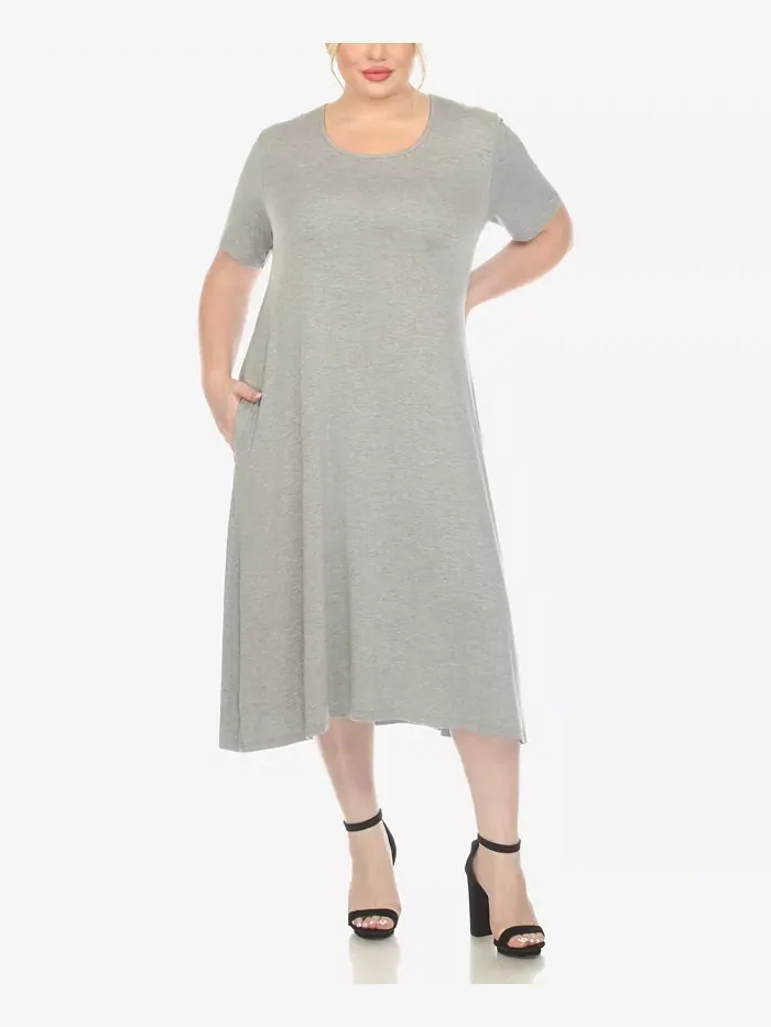 Платье миди с карманами и короткими рукавами Plus Size Swing White Mark — изображение 1 из 4, серый