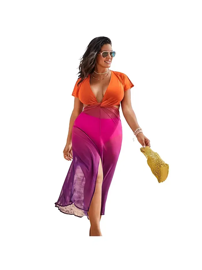 Женское платье-накидка Twist Front с сетчатыми вырезами Swimsuits for All — оранжевый