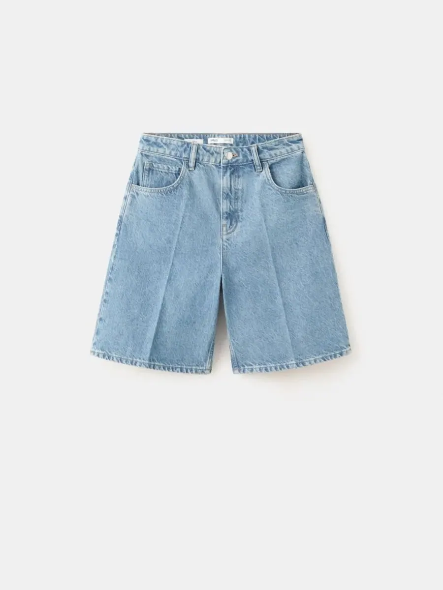 Шорты джинсовые с высокой посадкой прямого кроя High-Waist Straight-Fit Denim Shorts MANGO — изображение 1 из 9, синий