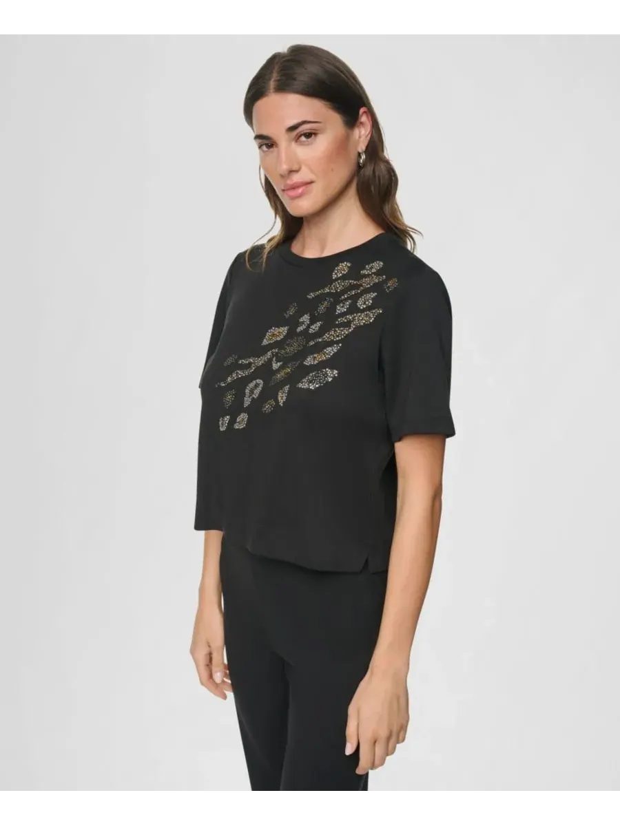 Женский топ с животным принтом и коротким рукавом DKNY — изображение 3 из 5, черный