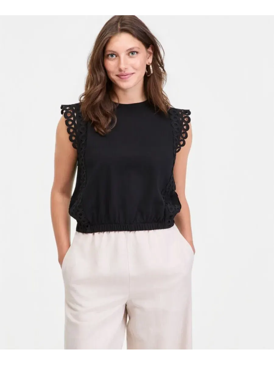 Топ с кап-рукавами и эластичным низом, модель Flutter-Sleeve Bubble Hem On 34th — изображение 1 из 7, глубокий черный