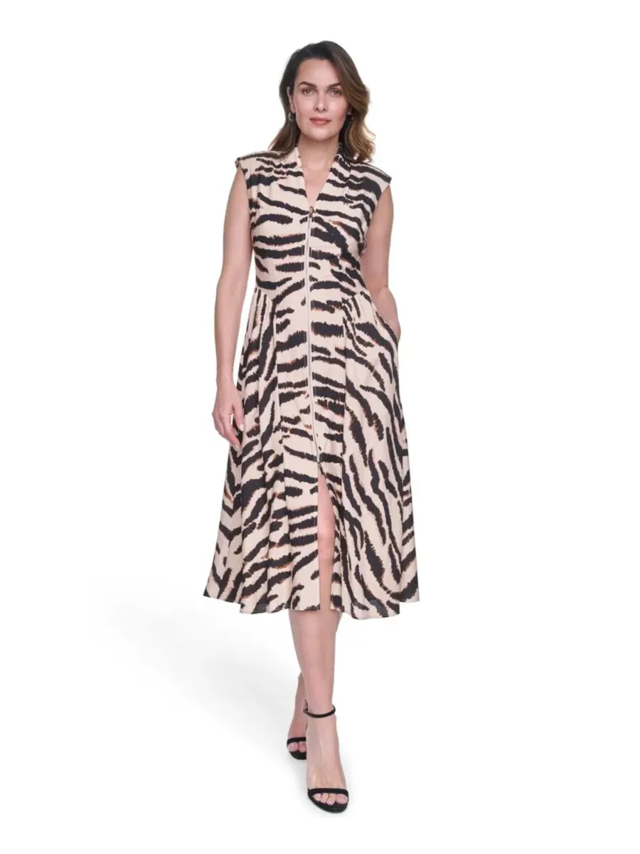 Платье миди с запахом и принтом, модель Printed Zip-Front Smock Waist Midi Dress Vince Camuto — изображение 1 из 4