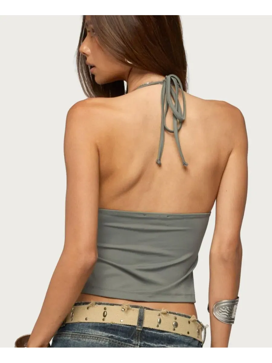 Топ-бандо с шипами Ramone Mixed-Stud Halter Crop Top Edikted — изображение 2 из 5, оливковый