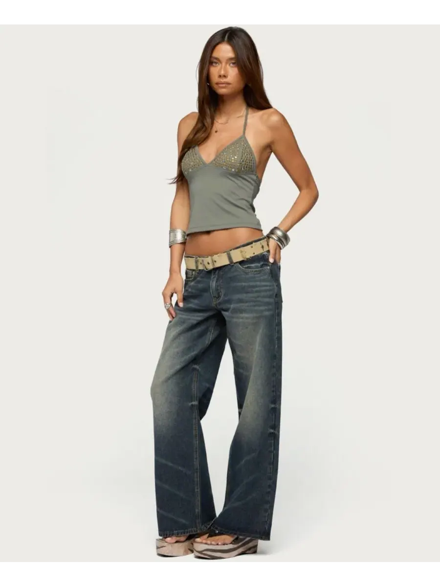 Топ-бандо с шипами Ramone Mixed-Stud Halter Crop Top Edikted — изображение 3 из 5, оливковый