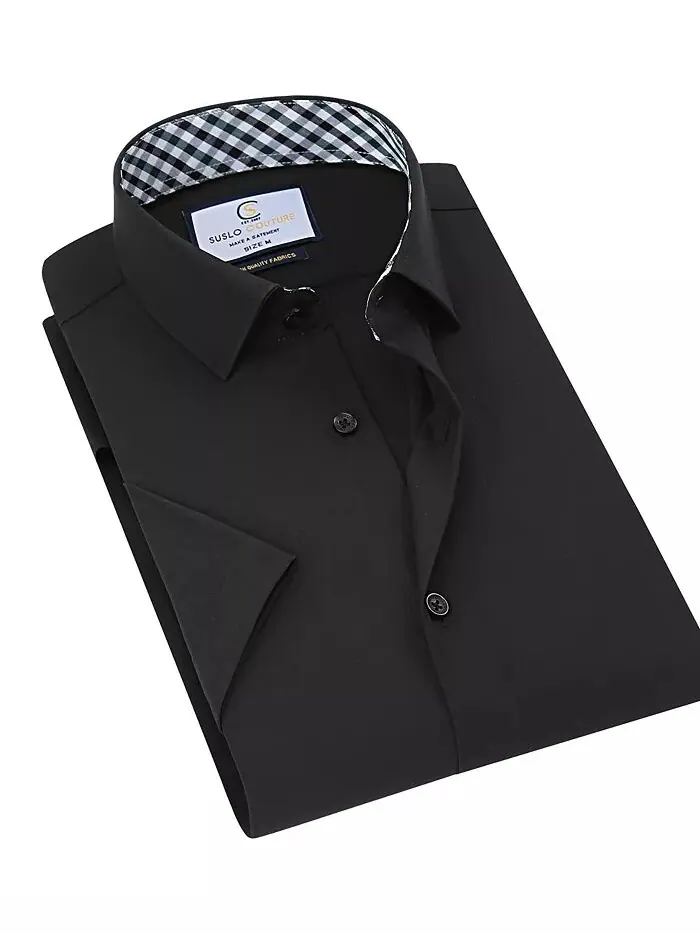 Мужская рубашка Slim Fit Performance с короткими рукавами и однотонным принтом на пуговицах Suslo — черный