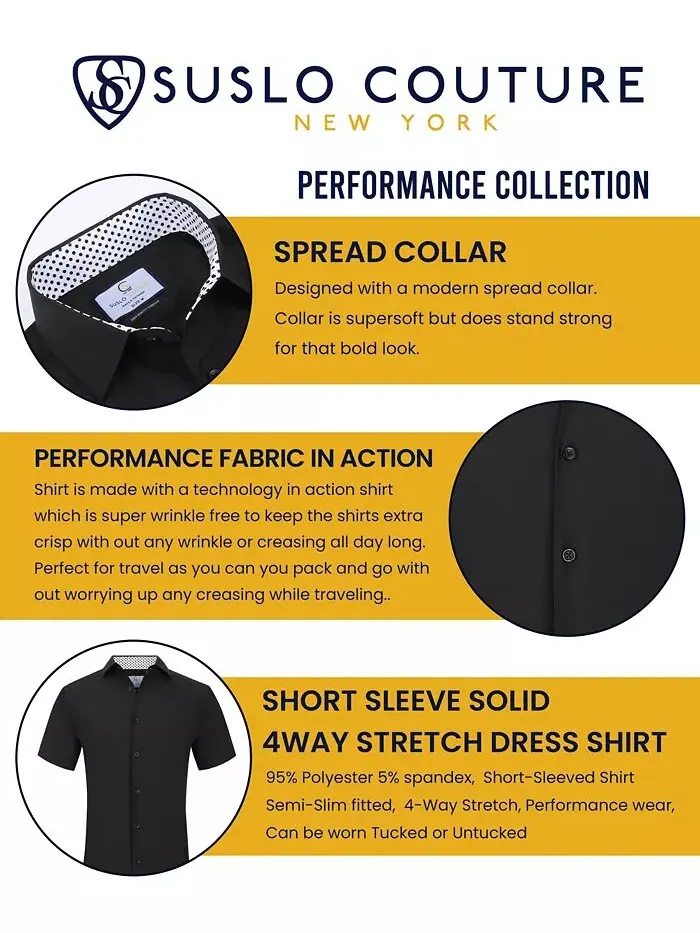 Мужская рубашка Slim Fit Performance с короткими рукавами и однотонным принтом на пуговицах Suslo — изображение 3 из 7