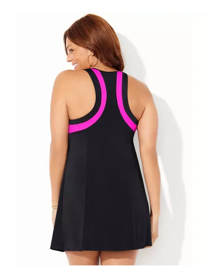Женский купальник из двух частей с высоким воротом и спиной-борцовкой Swimsuits for All — изображение 2 из 2, черный розовый