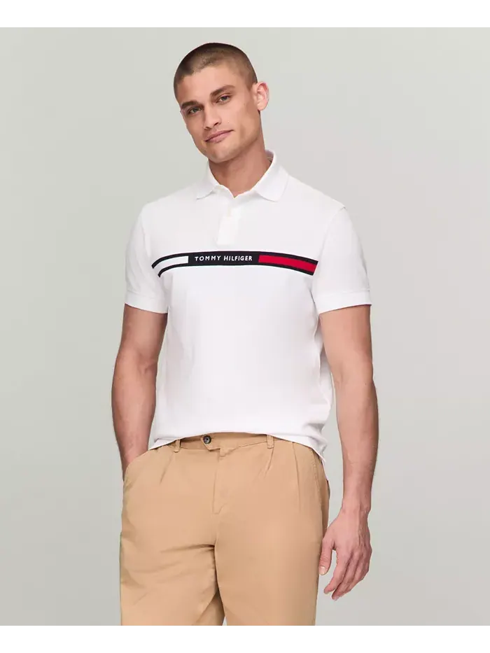 Мужская поло с коротким рукавом и вышитой полосой на груди Tommy Hilfiger — изображение 1 из 4, белый