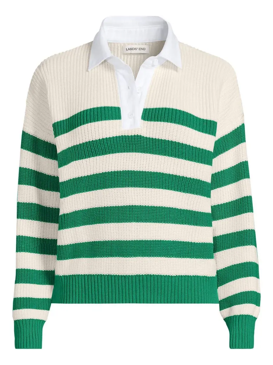 Женский регбийный свитер Drifter с тканым воротником Lands' End, Vibrant Clover Stripe — изображение 2 из 3