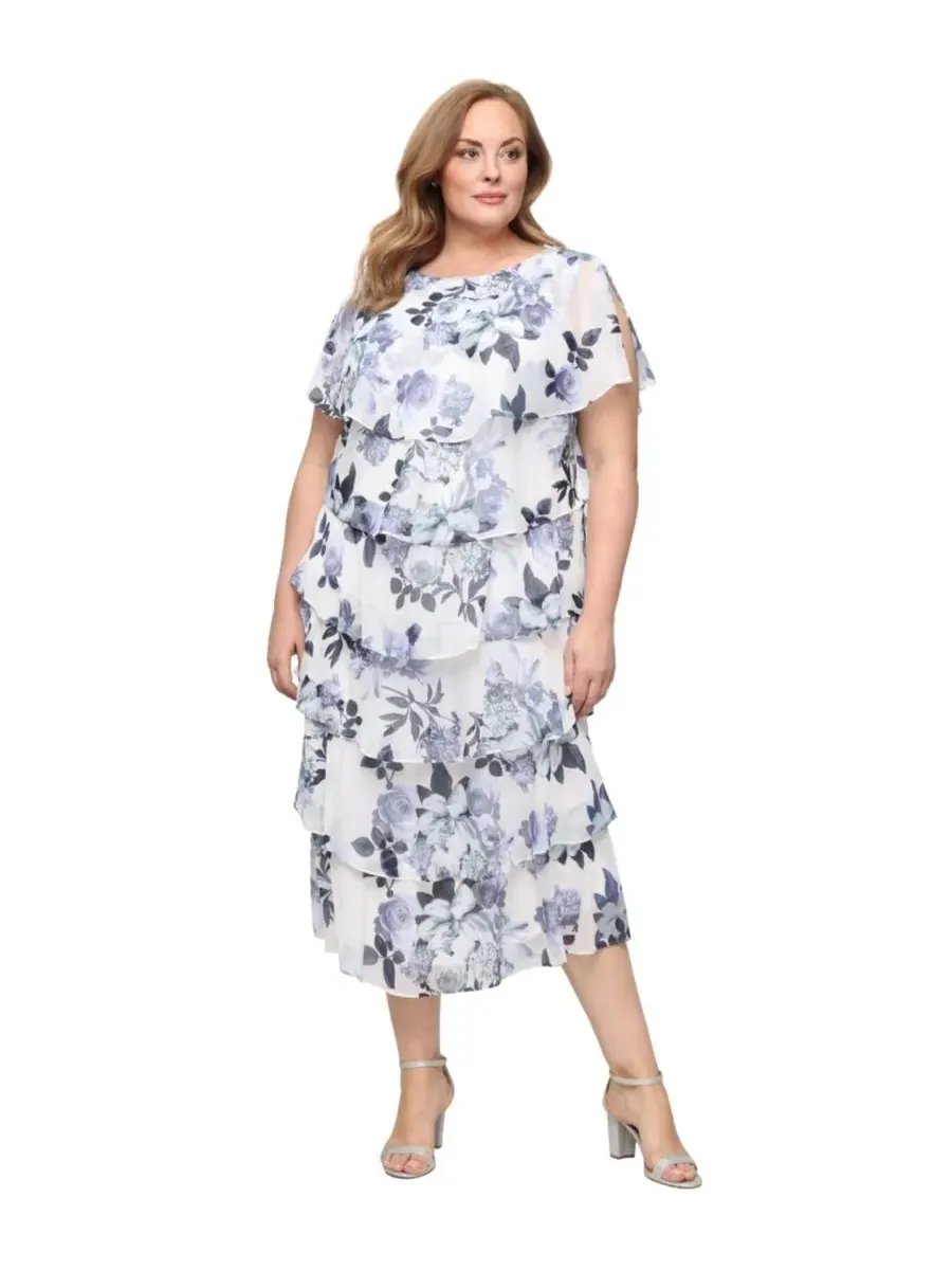 Платье большого размера с принтом, круглым вырезом и длиной до колена SL Fashions — изображение 1 из 3, слоновая кость/синий