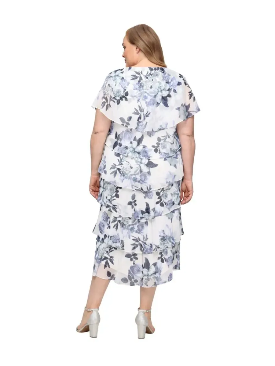 Платье большого размера с принтом, круглым вырезом и длиной до колена SL Fashions — изображение 3 из 3, слоновая кость/синий