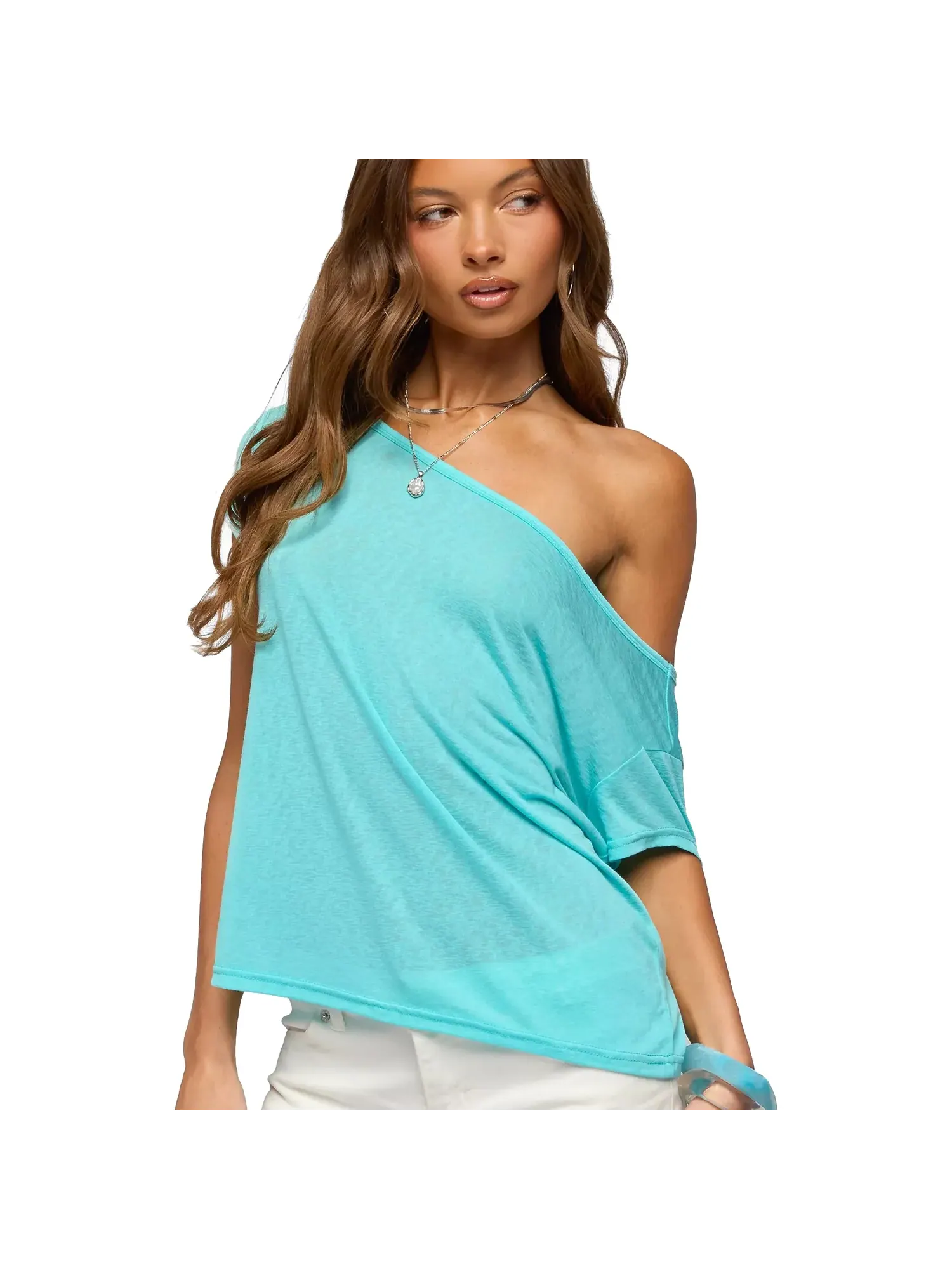 Футболка Edikted Amora Off Shoulder Sheer — изображение 1 из 5, бирюзовый