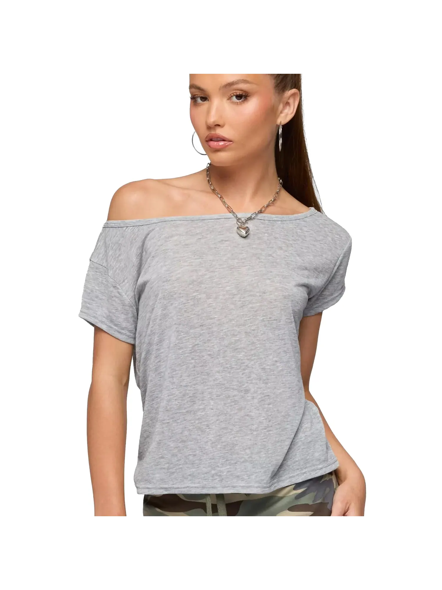 Футболка Edikted Amora Off Shoulder Sheer — изображение 1 из 5, серый