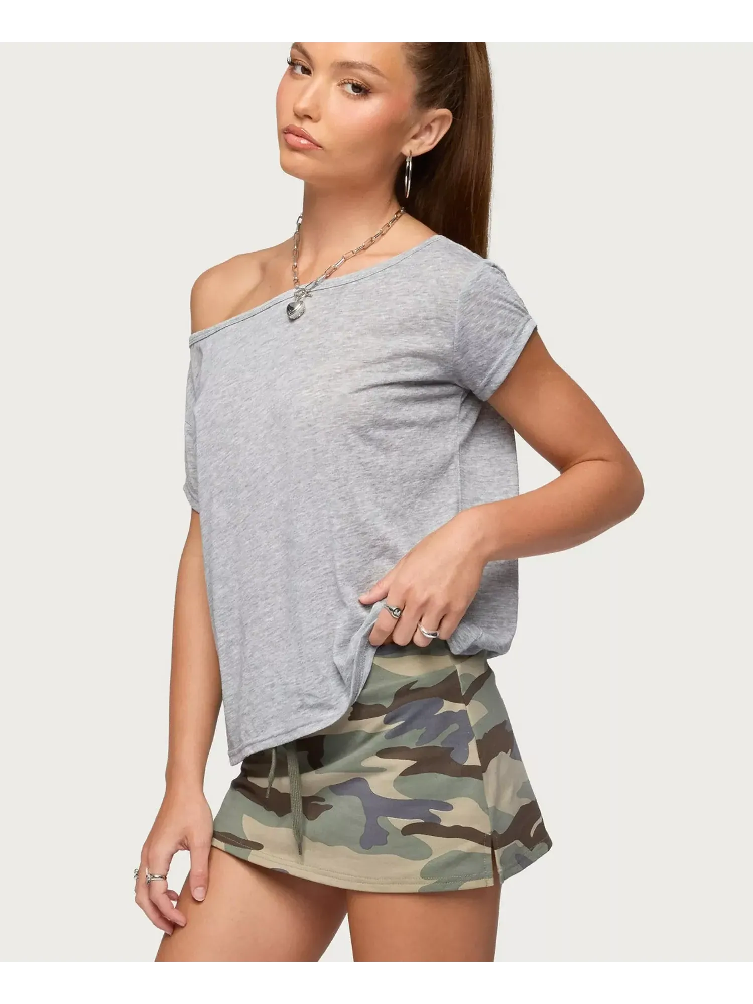 Футболка Edikted Amora Off Shoulder Sheer — изображение 5 из 5, серый