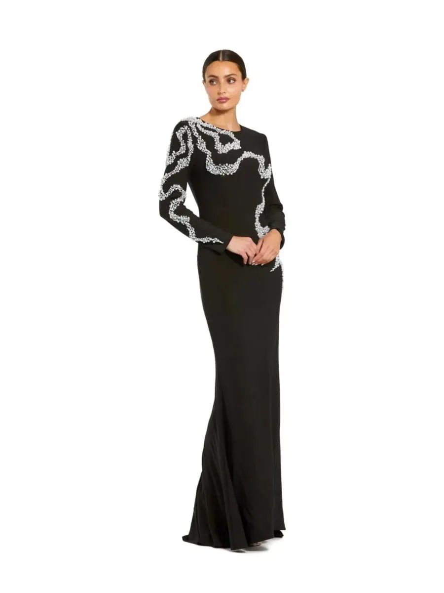 Mac Duggal Женское трикотажное платье-футляр с длинными рукавами, украшенное бисером — изображение 1 из 3, черный