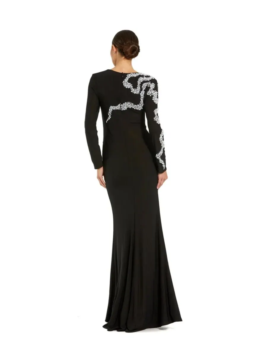 Mac Duggal Женское трикотажное платье-футляр с длинными рукавами, украшенное бисером — изображение 2 из 3, черный