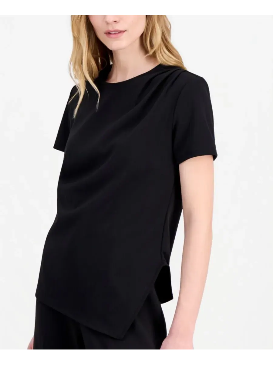 Женская блузка с короткими рукавами и драпировкой спереди Anne Klein — изображение 3 из 4, черный