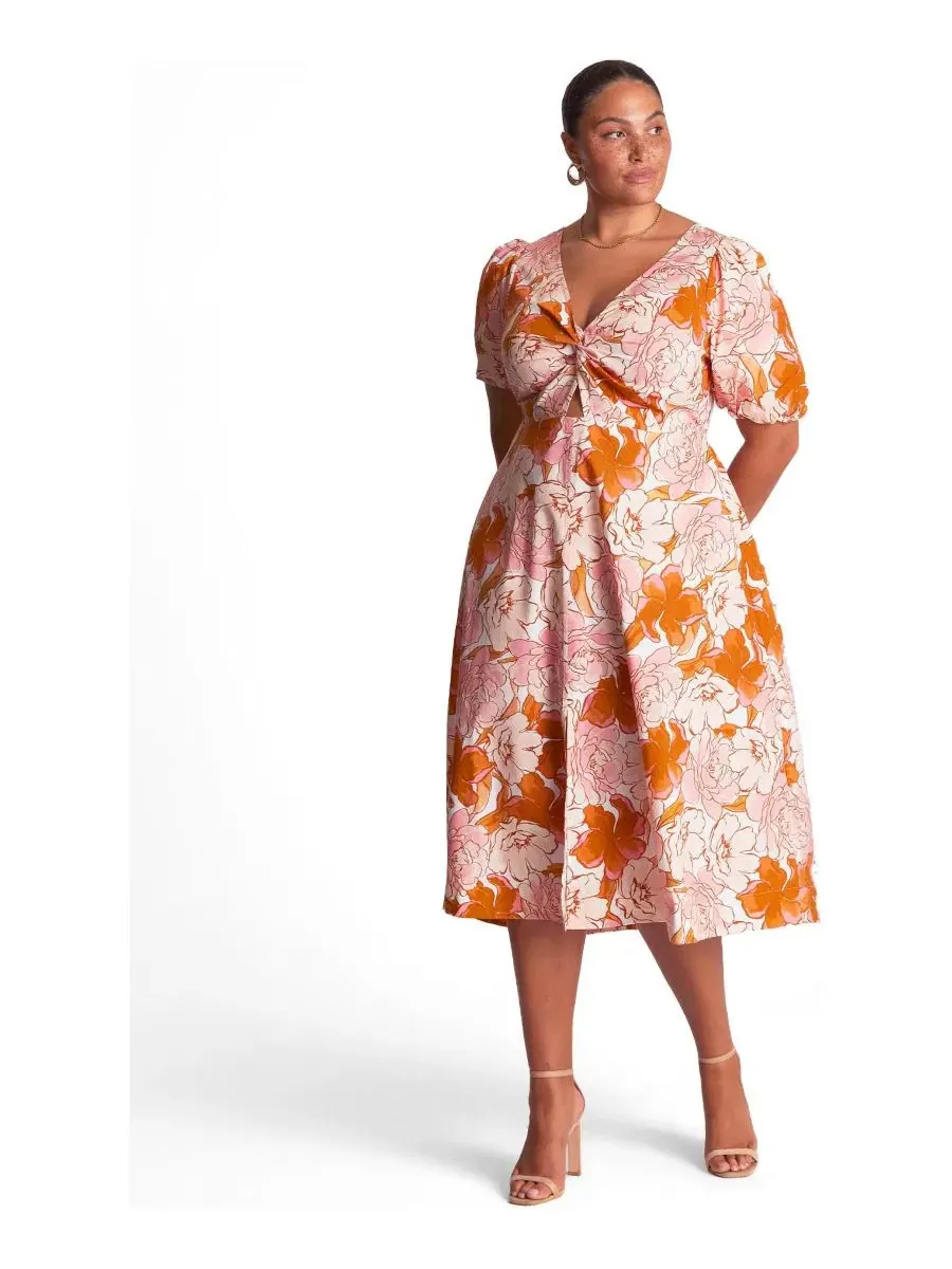 Платье миди с принтом Amira Twist-Front Fit Flare ESTELLE — оранжевый