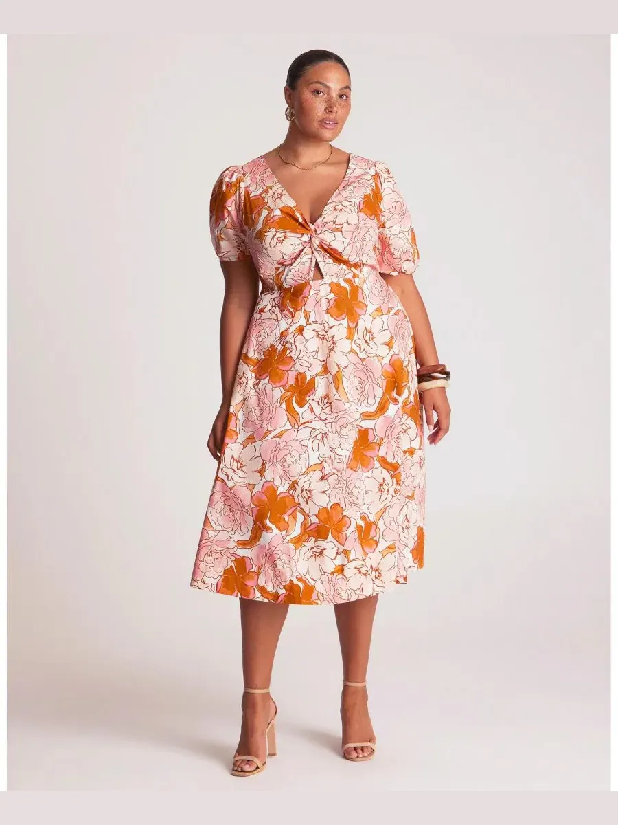 Платье миди с принтом Amira Twist-Front Fit Flare ESTELLE — изображение 4 из 6, оранжевый