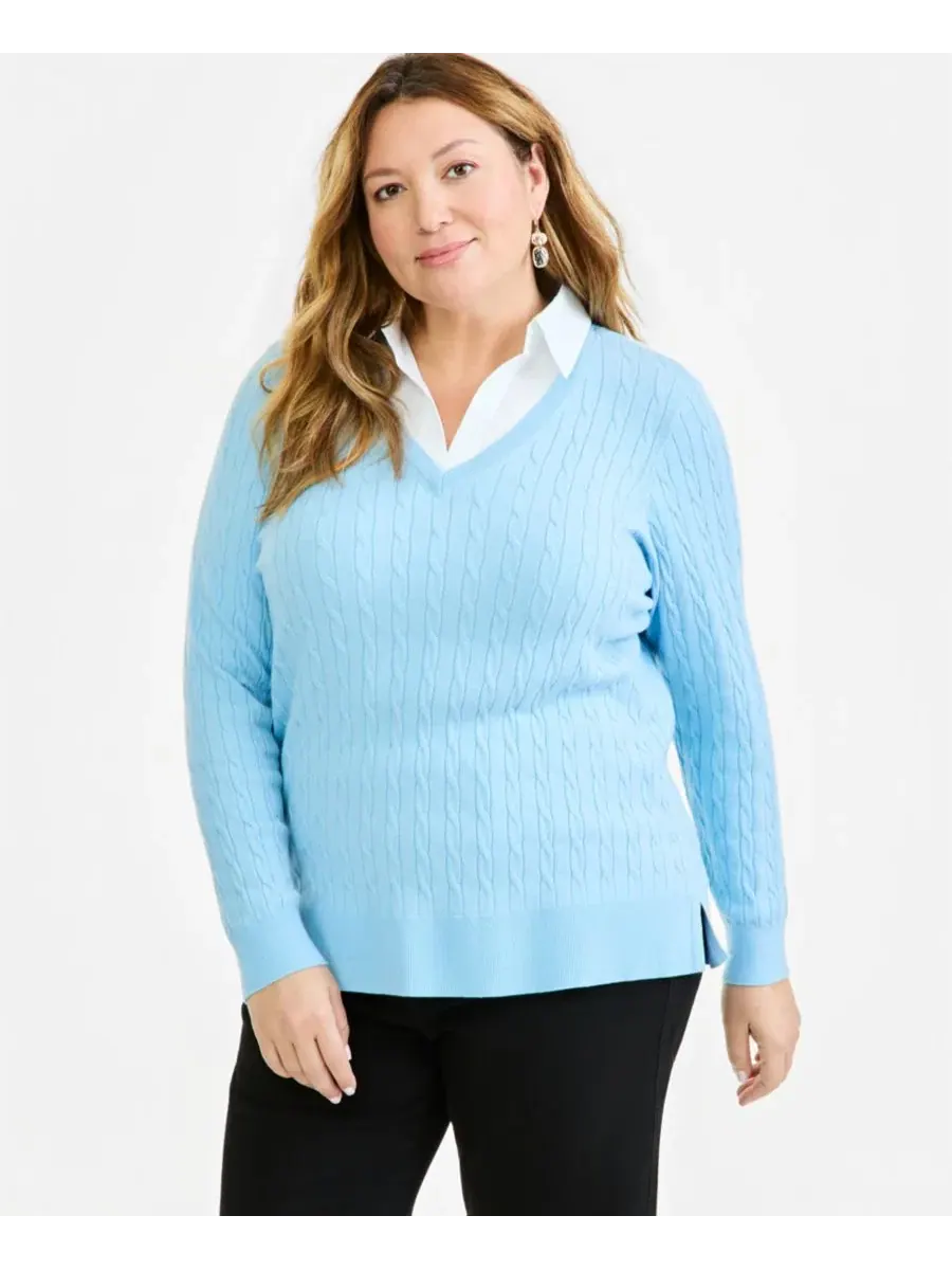 Свитер оверсайз с воротником-поло и трикотажной вставкой Style & Co, Pretty Periwinkle — изображение 1 из 4