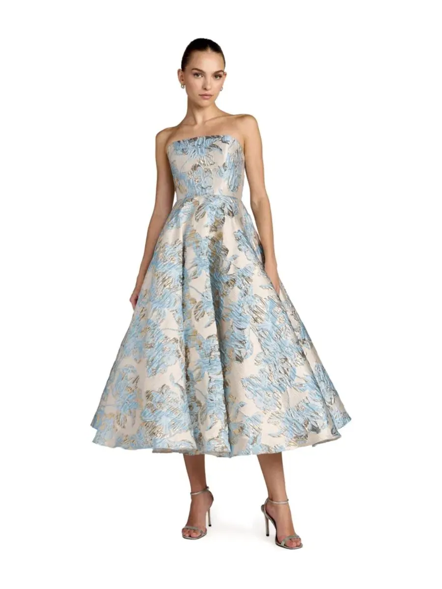 Платье-трапеция миди без бретелек с карманами, модель Strapless Brocade A-line Midi Dress With — изображение 1 из 3, синий
