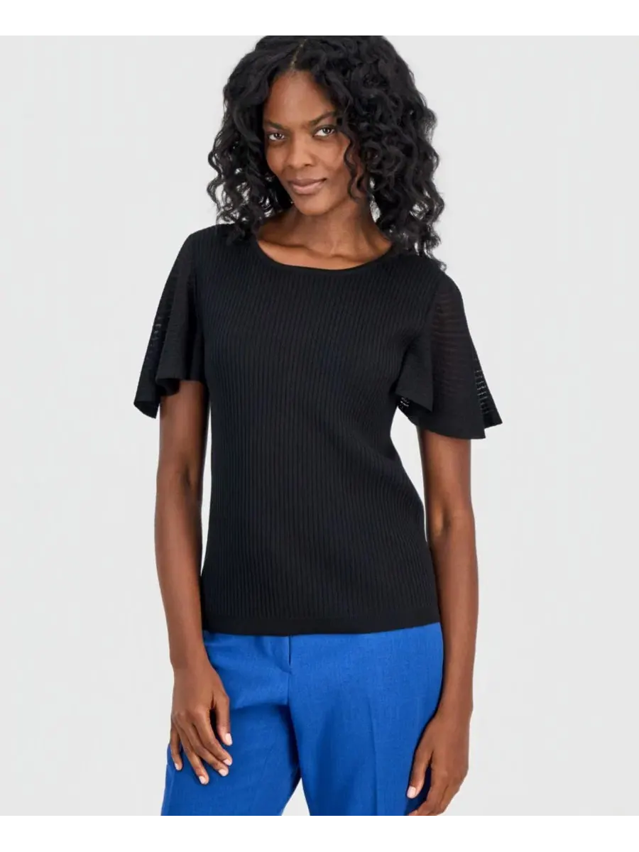 Свитер женский с рукавом-крылышком и круглым вырезом, модель Crewneck Flutter-Sleeve Rib-Knit Kasper — изображение 1 из 6