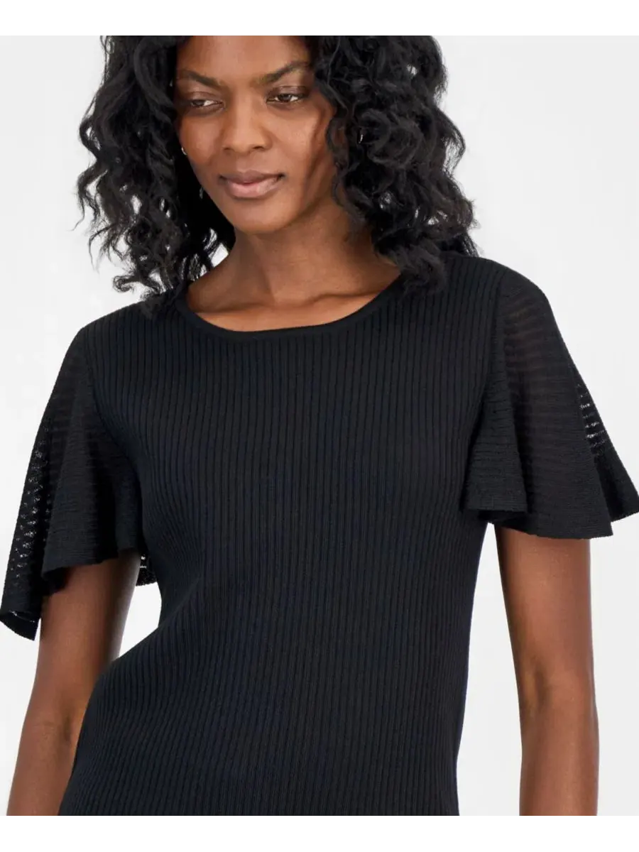 Свитер женский с рукавом-крылышком и круглым вырезом, модель Crewneck Flutter-Sleeve Rib-Knit Kasper — изображение 2 из 6
