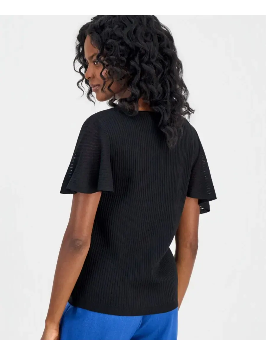 Свитер женский с рукавом-крылышком и круглым вырезом, модель Crewneck Flutter-Sleeve Rib-Knit Kasper — изображение 3 из 6