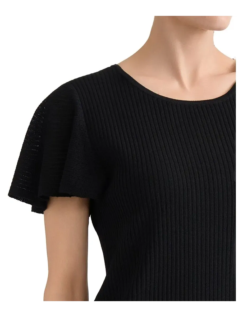 Свитер женский с рукавом-крылышком и круглым вырезом, модель Crewneck Flutter-Sleeve Rib-Knit Kasper — изображение 5 из 6