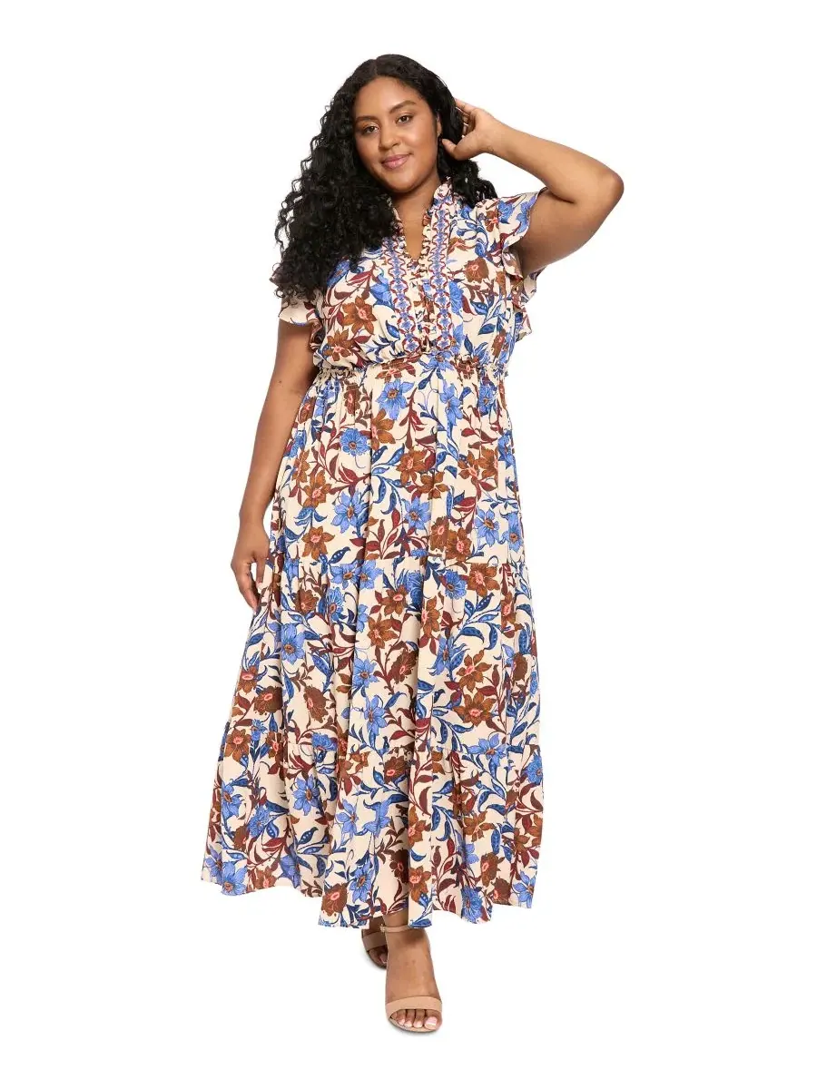 Платье макси с воланами и рукавами-крылышками, модель Tiered Flutter-Sleeve Bubble-Crepe Maxi Dress — изображение 1 из 4