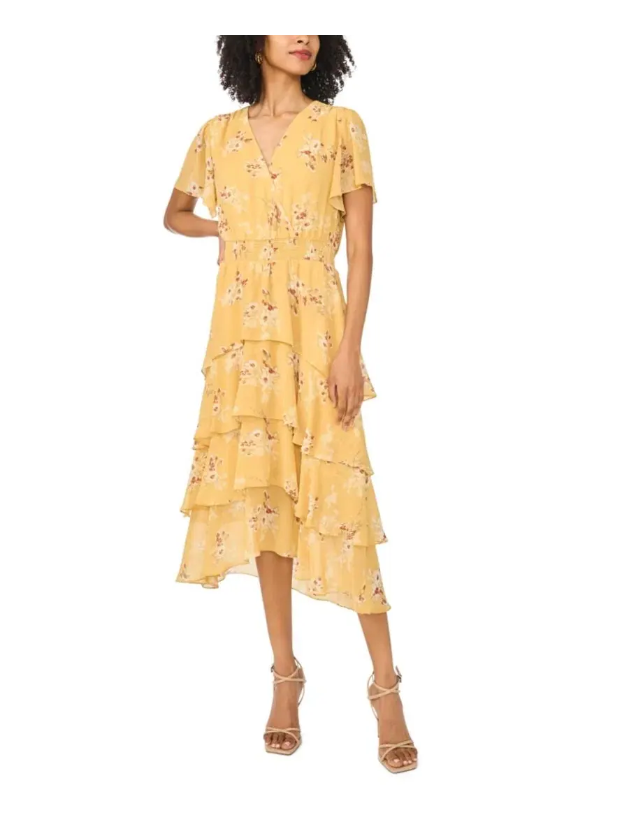 Платье миди с цветочным принтом Four-Tier Layered Floral V-Neck Vince Camuto