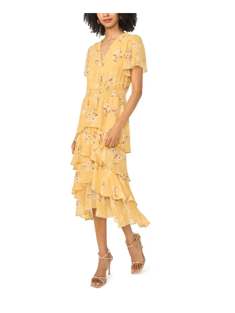 Платье миди с цветочным принтом Four-Tier Layered Floral V-Neck Vince Camuto — изображение 2 из 4, золотистый