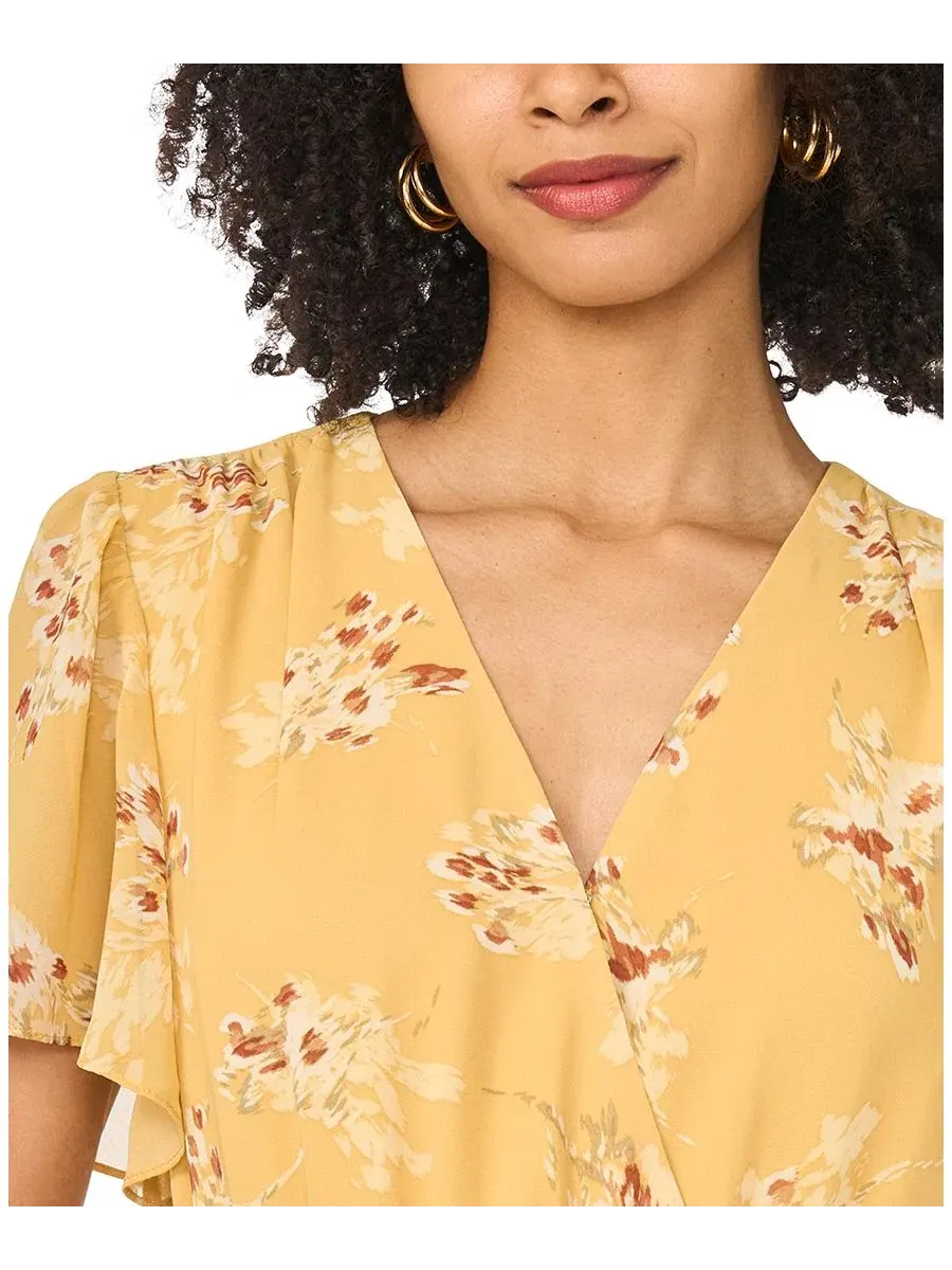 Платье миди с цветочным принтом Four-Tier Layered Floral V-Neck Vince Camuto — изображение 3 из 4, золотистый