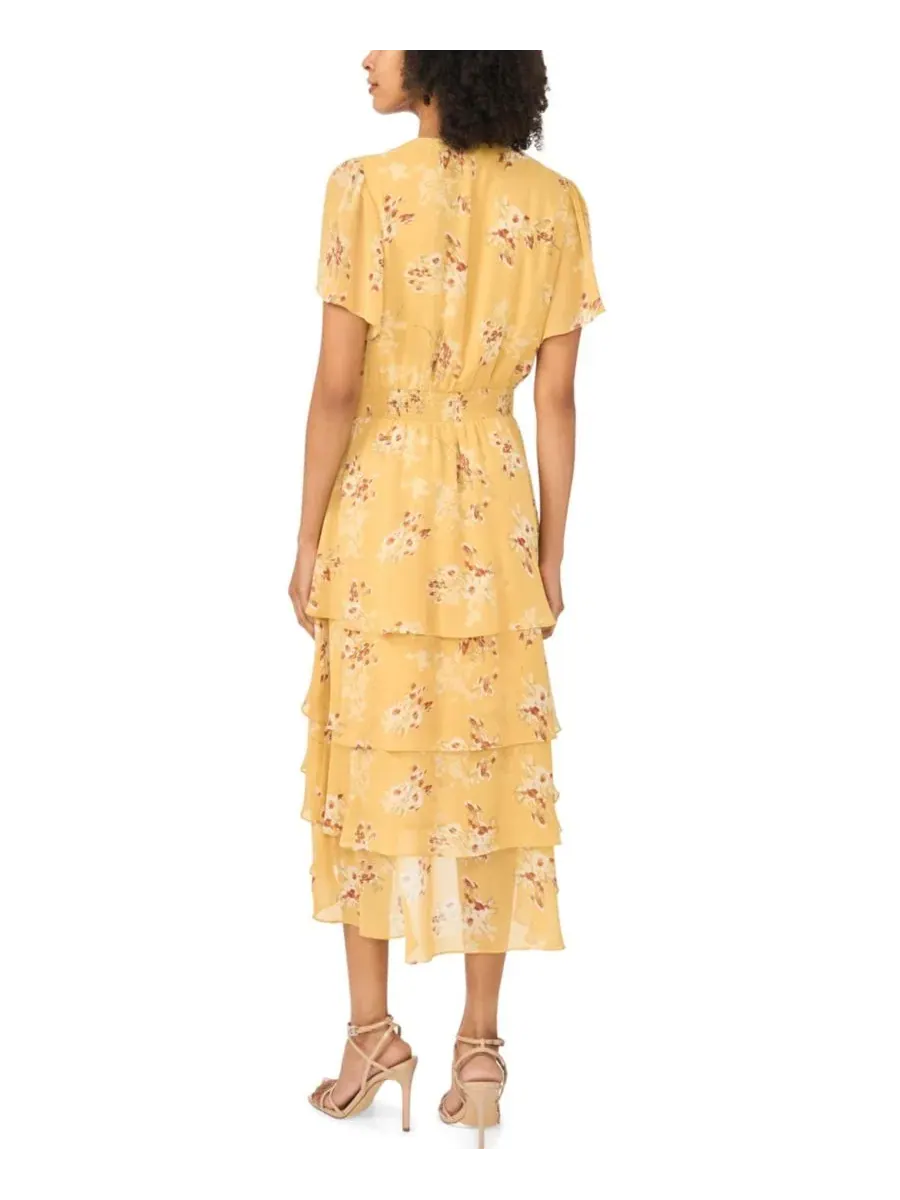 Платье миди с цветочным принтом Four-Tier Layered Floral V-Neck Vince Camuto — изображение 4 из 4, золотистый
