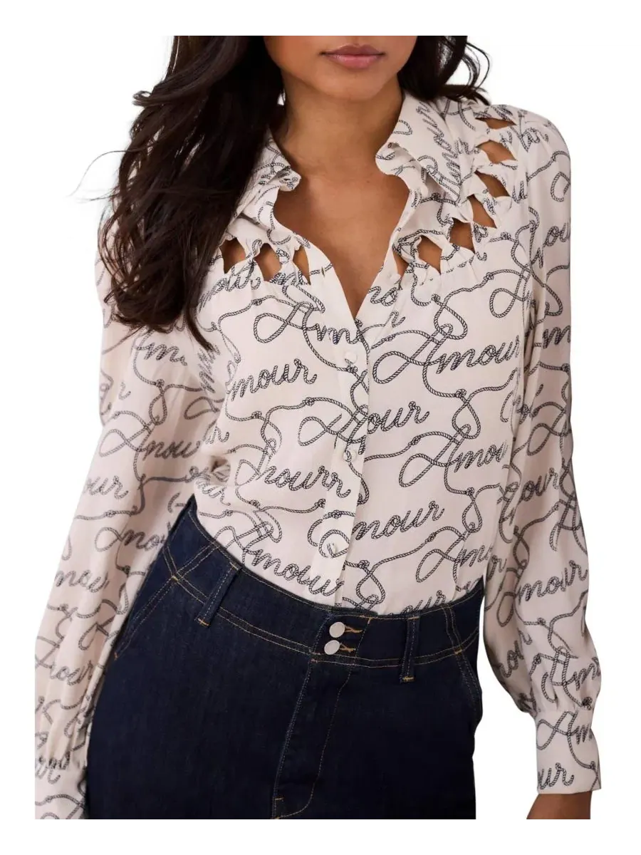 Блуза с принтом Amour Print Bow Mint Velvet — изображение 3 из 6, бежевый