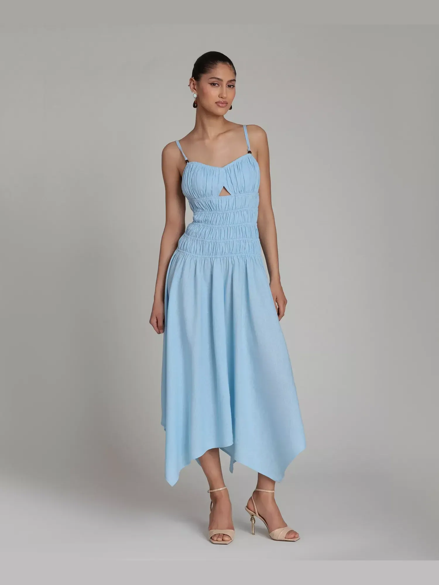 Платье Avec Les Filles Shirred Handkerchief Hem Linen Blend Asymmetric Midi, аквамарин — изображение 1 из 7