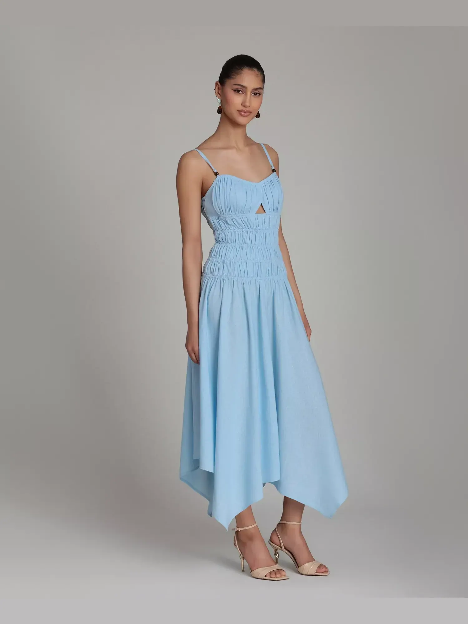 Платье Avec Les Filles Shirred Handkerchief Hem Linen Blend Asymmetric Midi, аквамарин — изображение 2 из 7